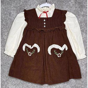 VTG Dress Girls 4T Brown Corduroy Jumper Embroidered Ruffle  Fall Thanksgiving